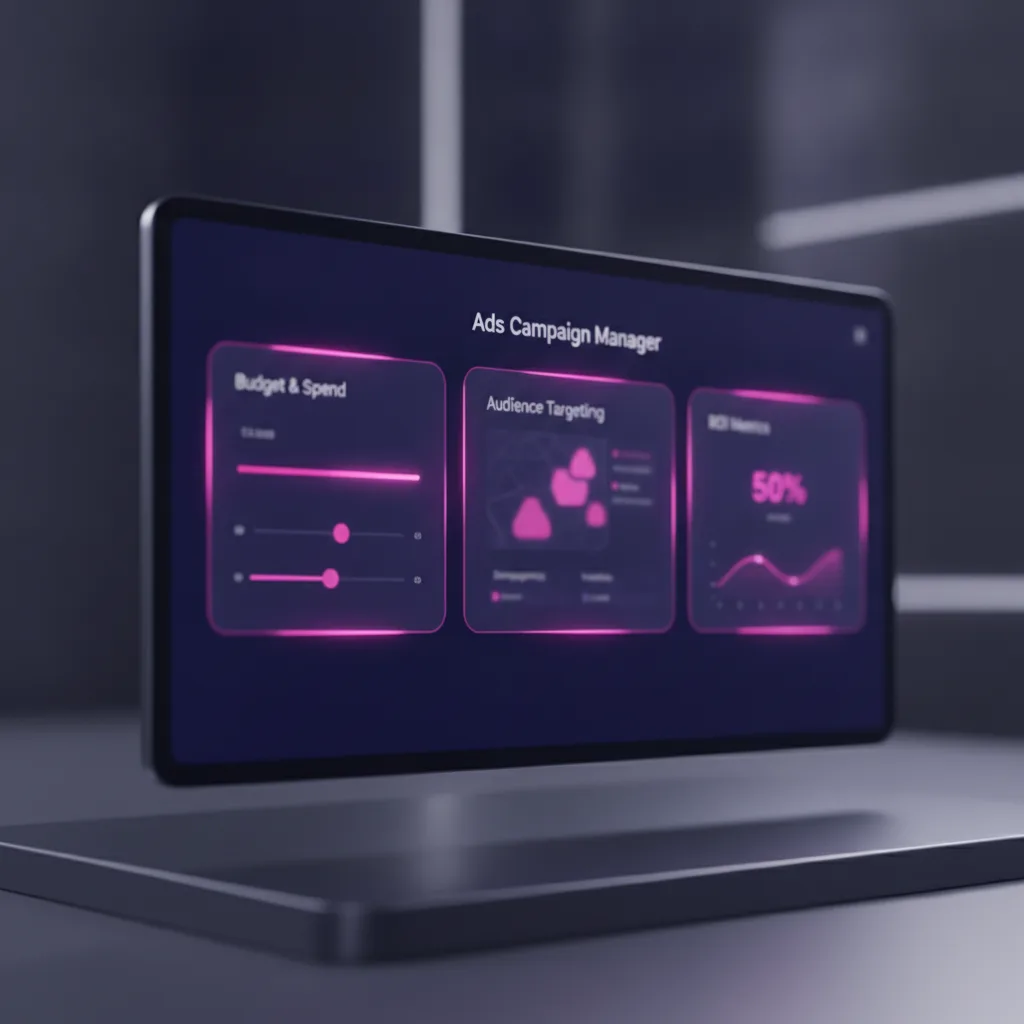 Advertising campaign manager interface with targeting and ROI metrics