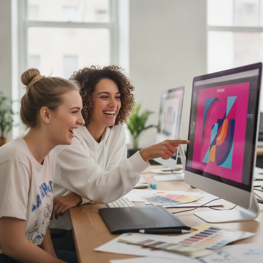 Two happy graphic designers collaborating on a colorful brand design